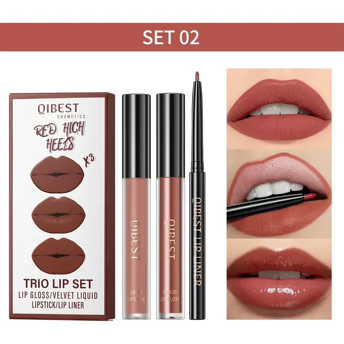 QIBEST – Ensemble de maquillage pour les lèvres, 3 pièces, comprenant brillant à lèvres, baume à lèv