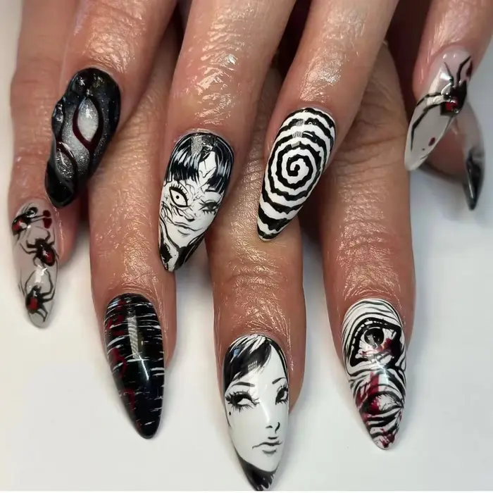 Tomie-Faux Ongles Noir Brcorporelle Réutilisables pour Fille, 24 Pièces, Anime Japonais, Horreur, Ba