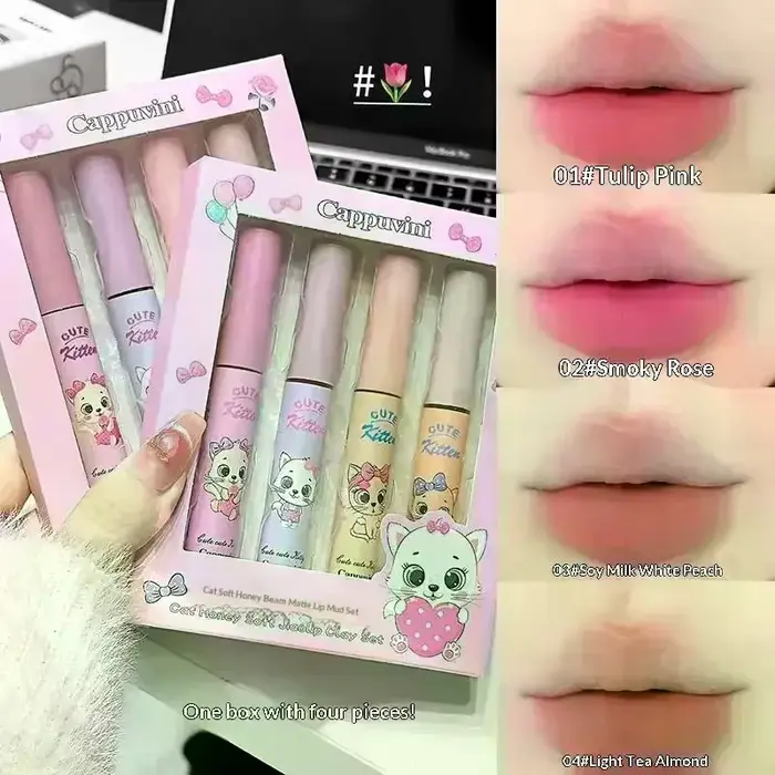 Coffret Cadeau de 4 Gloss à Lèvres Cappuvini – Effet Velours Hydratant, Laque Brillante et Juteuse, 