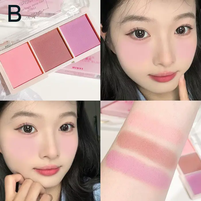HISYI Fard à joues trois couleurs mat, teinte nude douce, vitalité naturelle pour femme, poudre écla