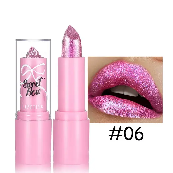 Rouge à lèvres rose métallique scintillant pour femmes, longue tenue, haute brillance, nude diamanté