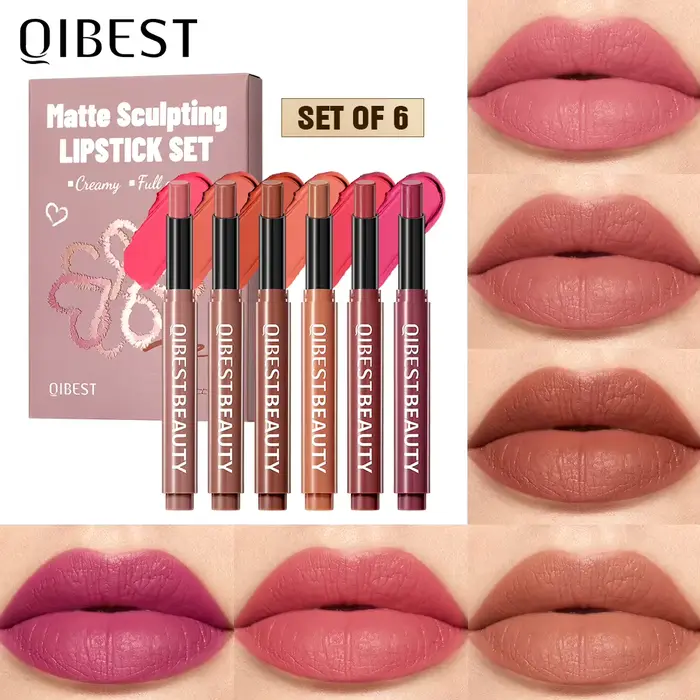 QIBEST – Ensemble de 6 crayons à lèvres mats longue tenue, couleurs nude, violet et marron, teinture