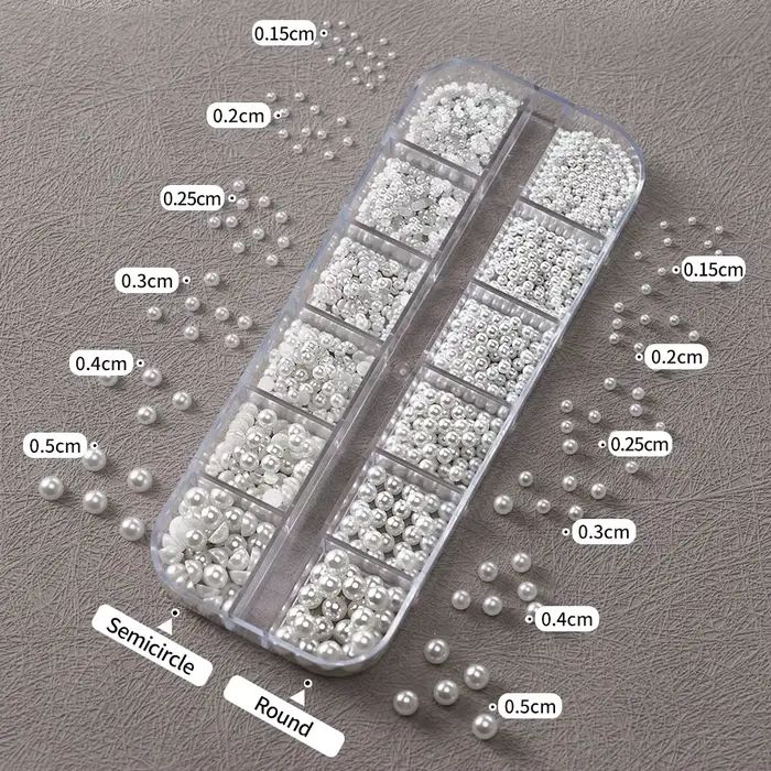 12 grilles mixtes de perles blanches pour ongles, breloques rondes ou demi-cercles 3D, strass pour N