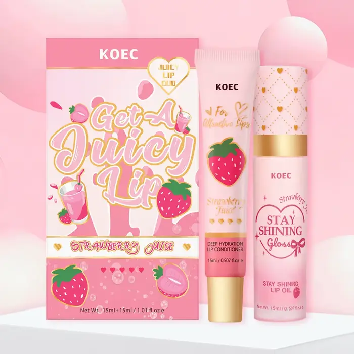 Ensemble Lèvres Fraise/Pêche, Huile à Lèvres Pêche + Lotion pour les Lèvres, hydratant et anti-gerçu