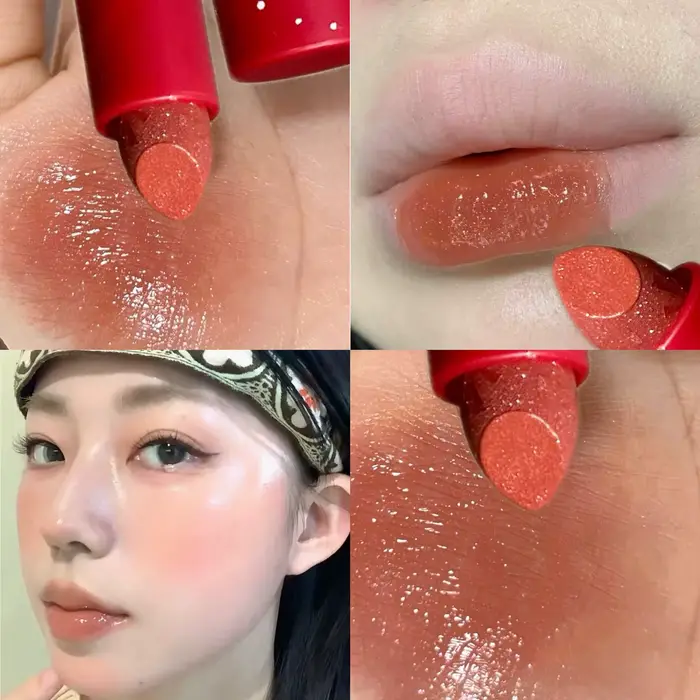Rouge à lèvres violet effet miroir brillant, baume hydratant coloré, teinte gelée rouge-brun non col