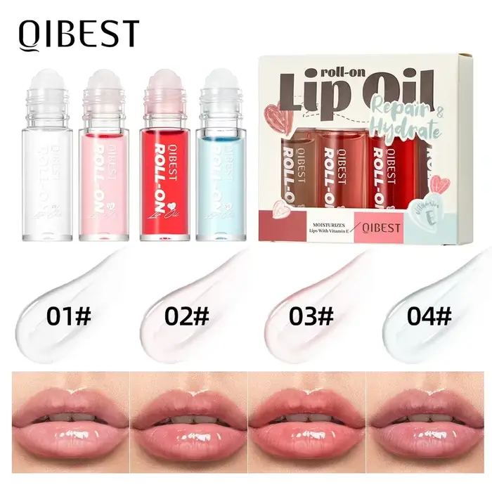 QIBEST 4 pièces Baume à lèvres roll-on hydratant transparent, Huile à lèvres longue durée, Gloss à l